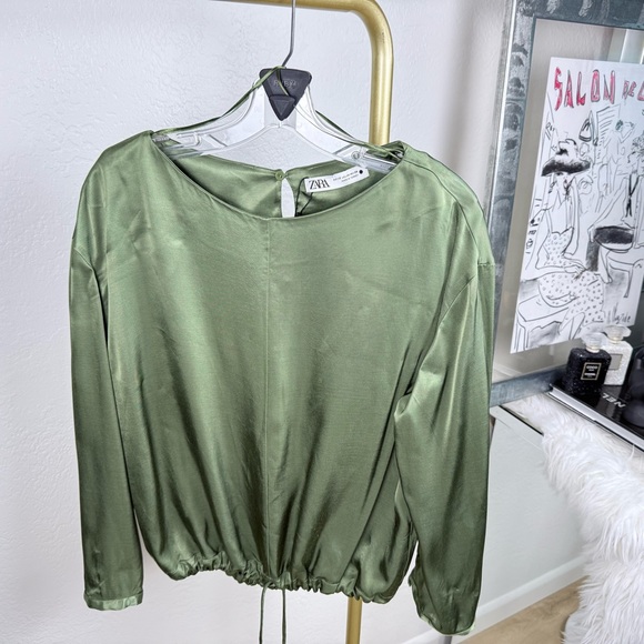 ZARA Olive Green Satin 2-Piece Set/Oversized Top XS/Pants L NWOT - Picture 2 of 11